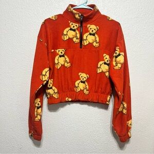 Forever 21 orange-red teddy bear fleece cropped quarter-zip sweatshirt size S